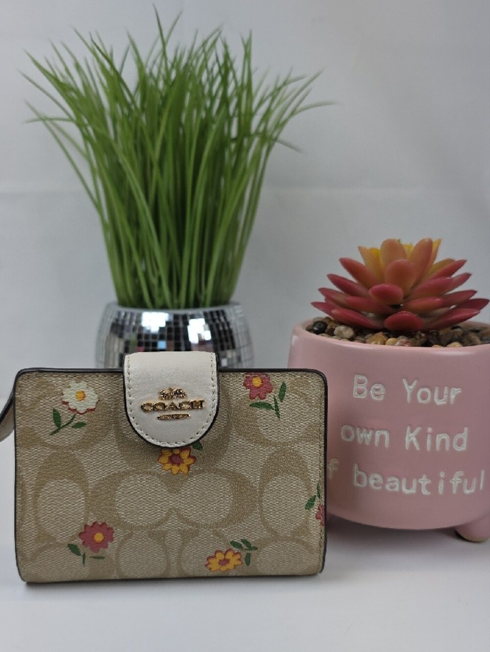 Coach Beige Signature Floral Small Wallet with White Trim